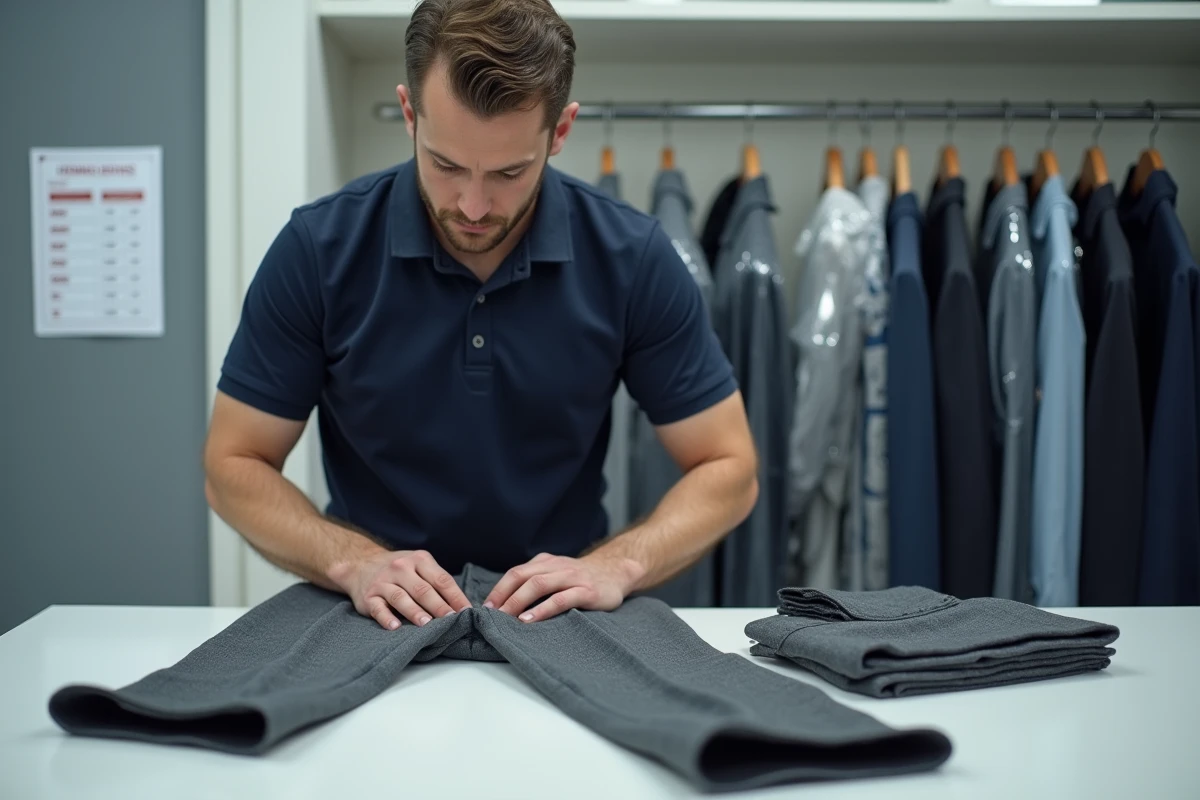Employé de pressing présentant un tarif d'ourlet pantalon au comptoir de nettoyage à sec