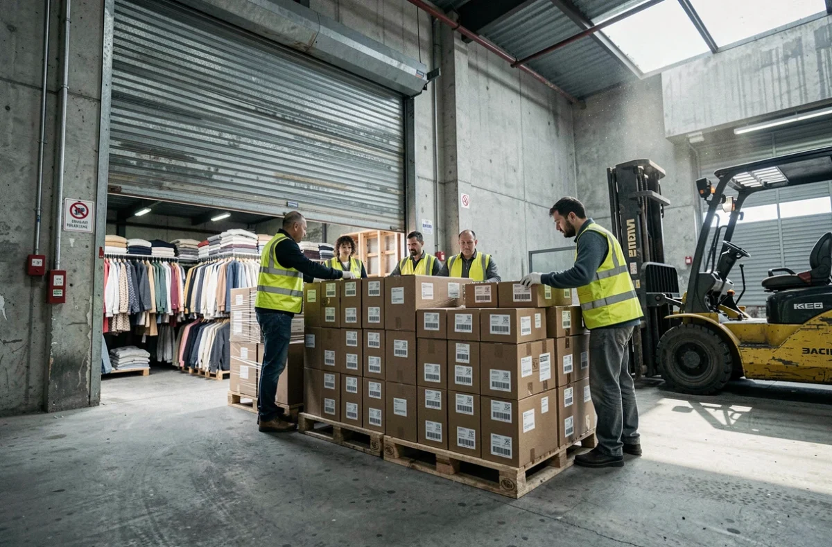 Quai de chargement d'une usine textile avec des palettes de vêtements invendus prêtes à être expédiées ou retournées