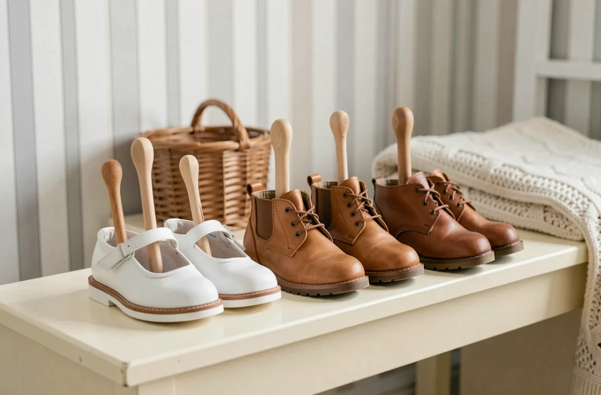 Trois paires de chaussures en cuir pour enfants garnies de formes à chaussures en bois alignées sur un banc peint en blanc dans une chambre d'enfant