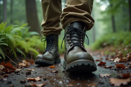 Rangers homme en cuir olive portés sur sentier rocheux et humide en forêt, test de confort en conditions réelles