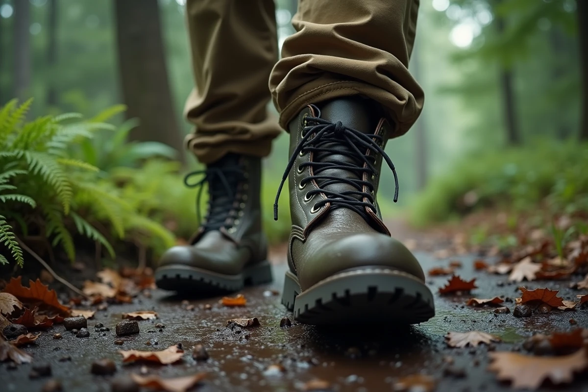 Rangers homme en cuir olive portés sur sentier rocheux et humide en forêt, test de confort en conditions réelles