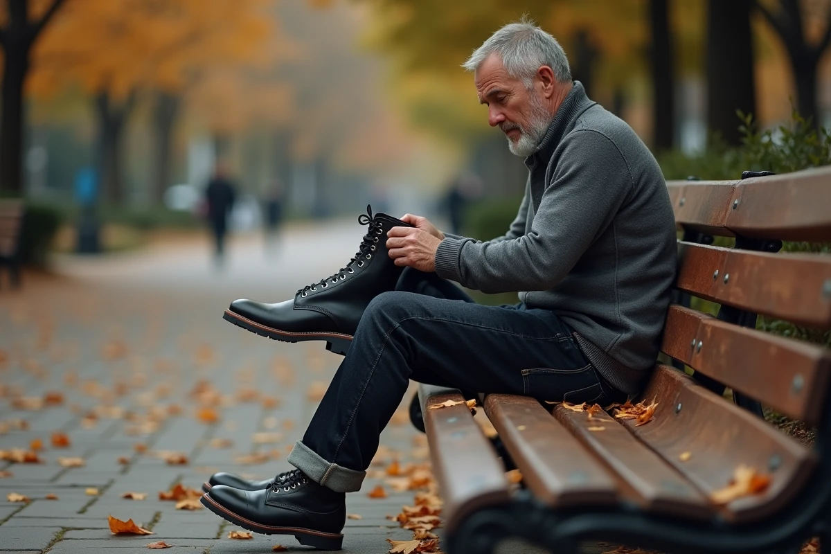Homme retirant ses rangers noires après une longue marche urbaine en automne, test usure et confort