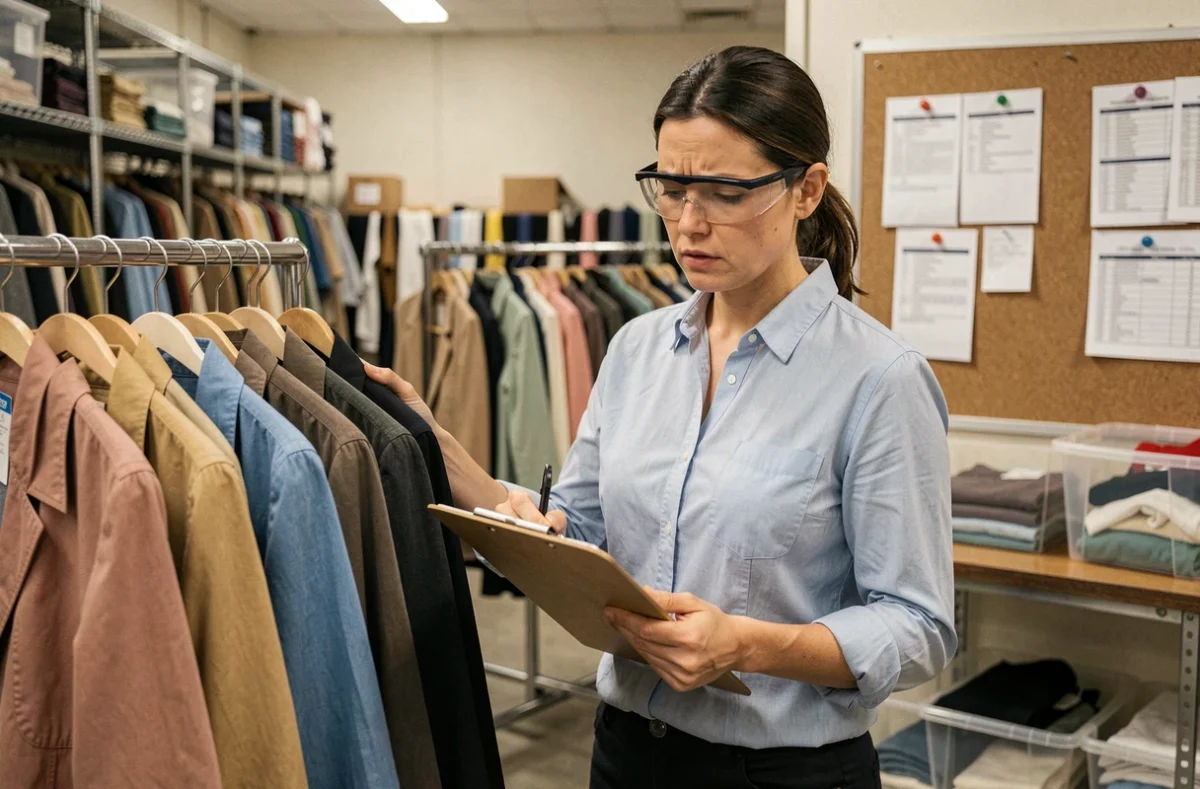 Responsable d'usine inspectant des vêtements invendus sur un portant dans une zone de tri d'une manufacture textile