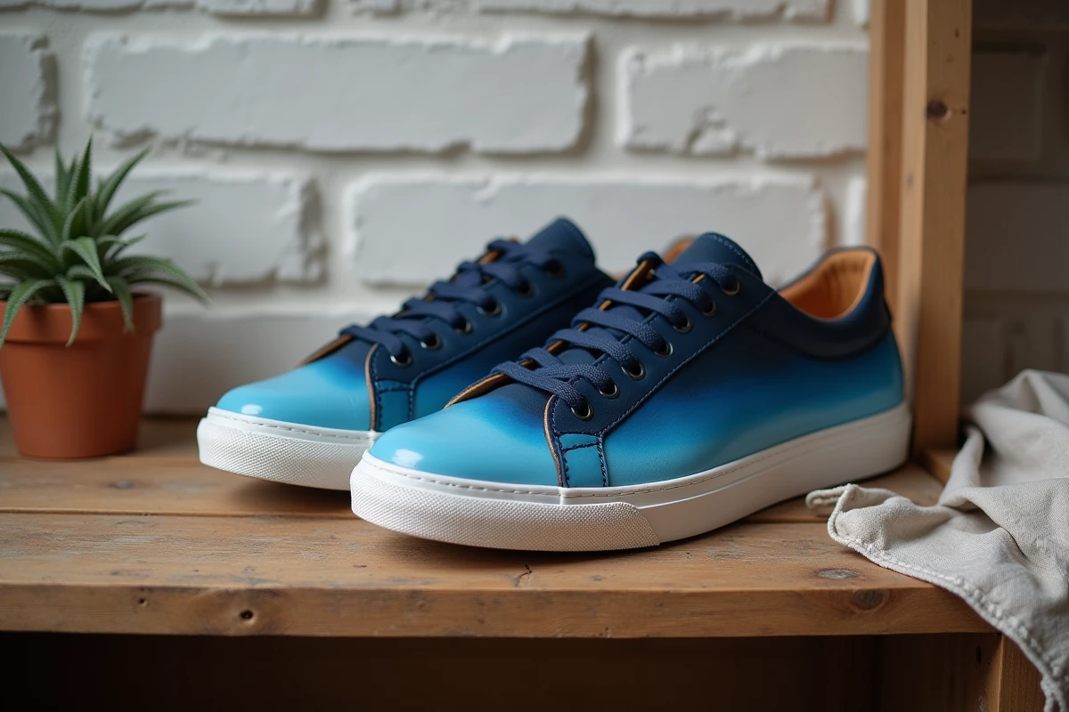 Paire de sneakers en cuir peintes à la main avec un dégradé bleu marine, résultat fini et finitions détaillées