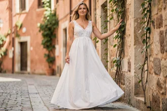 Grande femme en robe blanche longue maxi avec dentelle dans une ruelle européenne ensoleillée