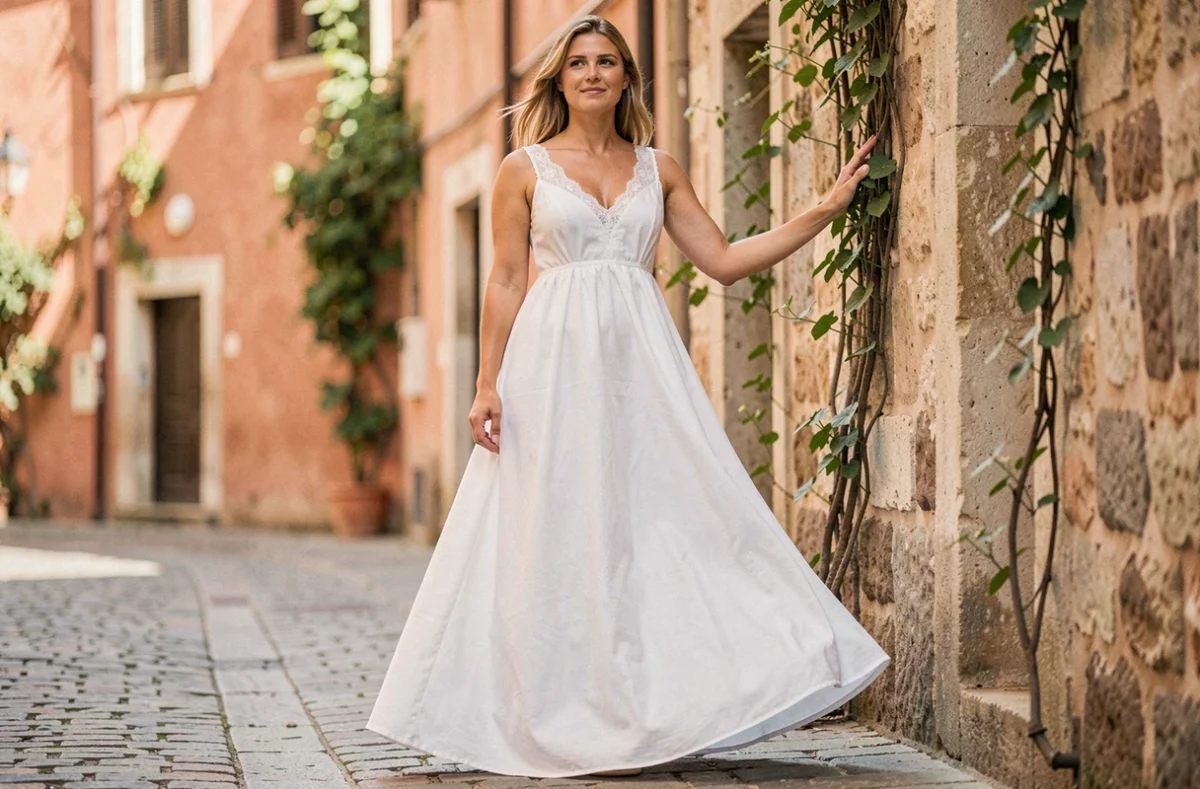 Grande femme en robe blanche longue maxi avec dentelle dans une ruelle européenne ensoleillée
