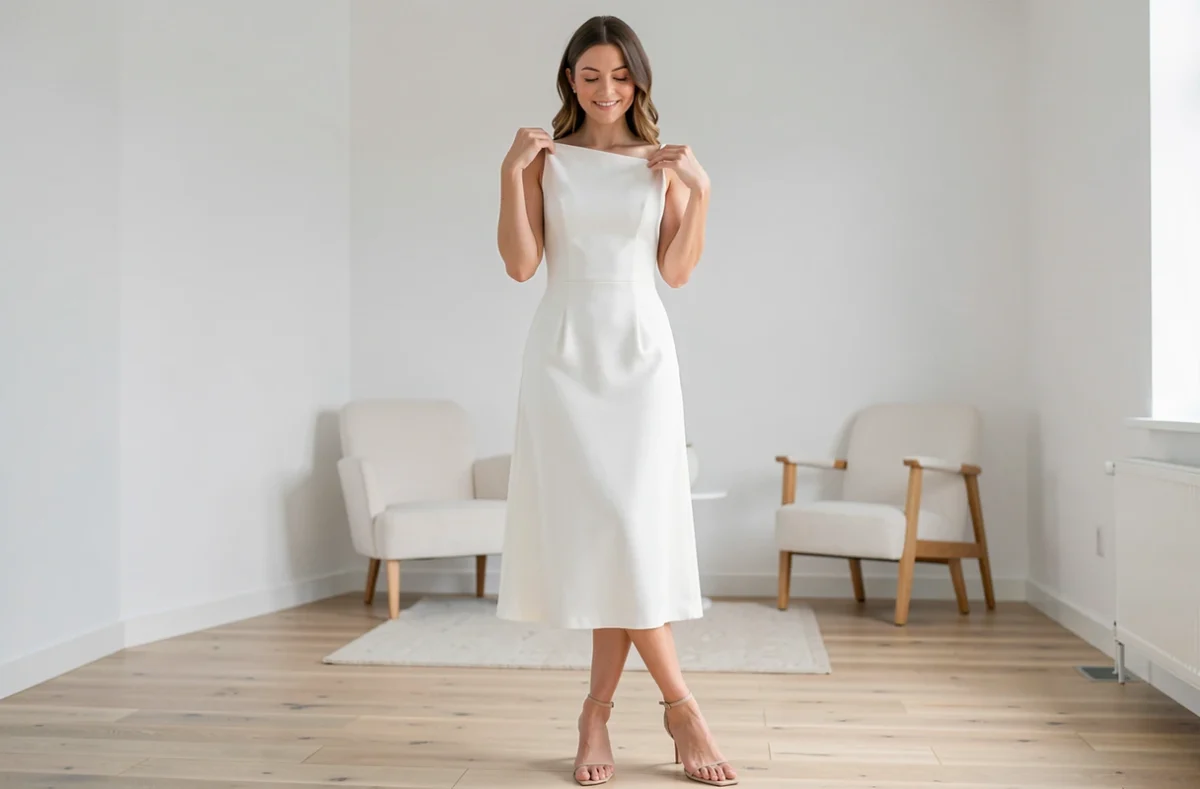 Femme petite de taille portant une robe blanche midi longueur genou avec talons dans un intérieur minimaliste