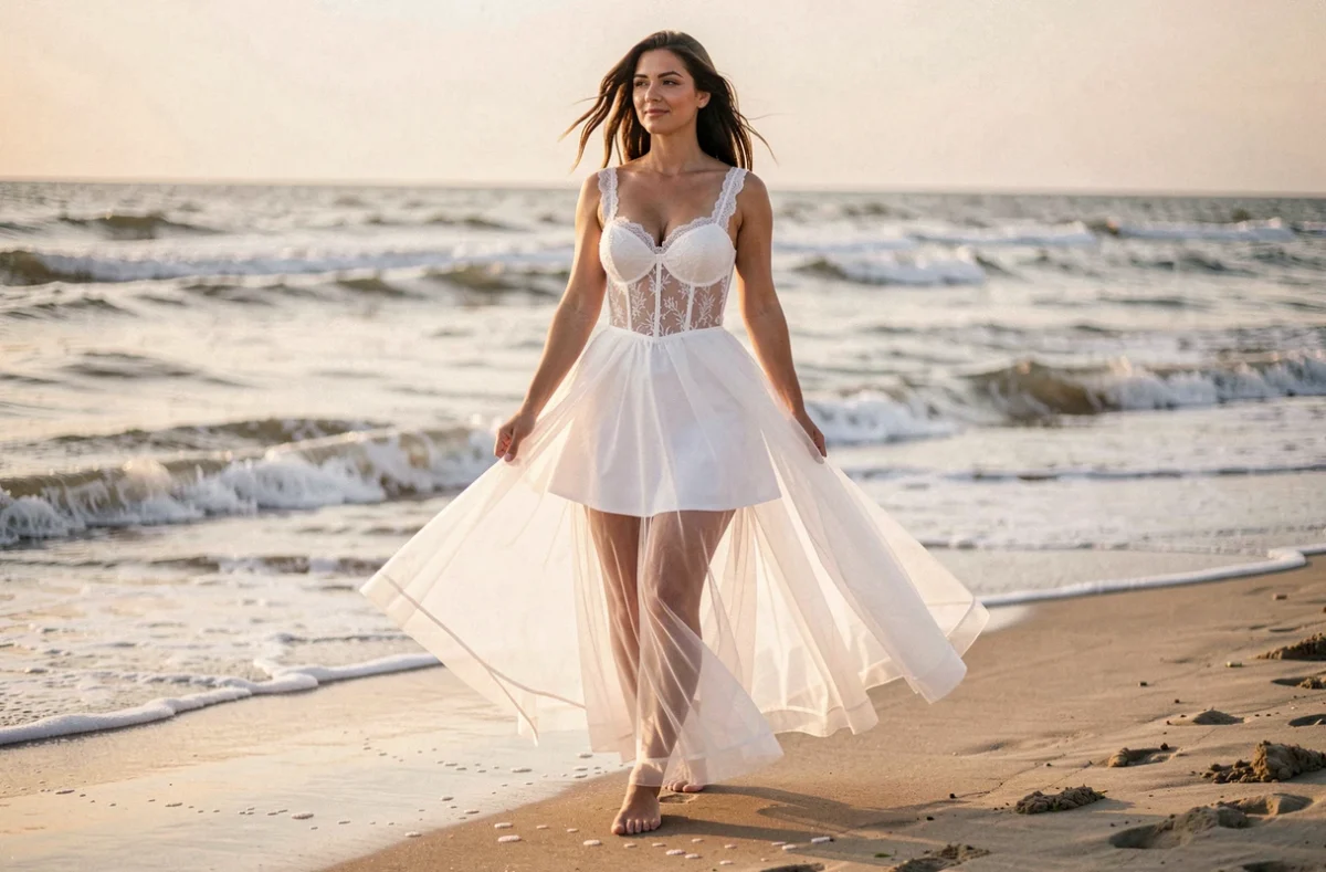 Femme en robe bustier longue blanche en dentelle marchant pieds nus sur une plage au coucher du soleil