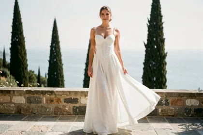 Femme portant une robe bustier longue blanche sur une terrasse en pierre avec vue méditerranéenne