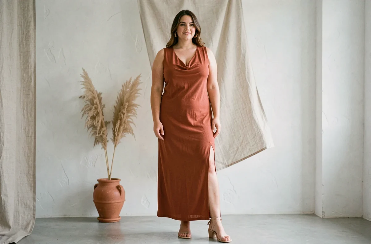 Grande femme en robe maxi terra cotta sans manches dans un intérieur minimaliste, style élégant grande taille