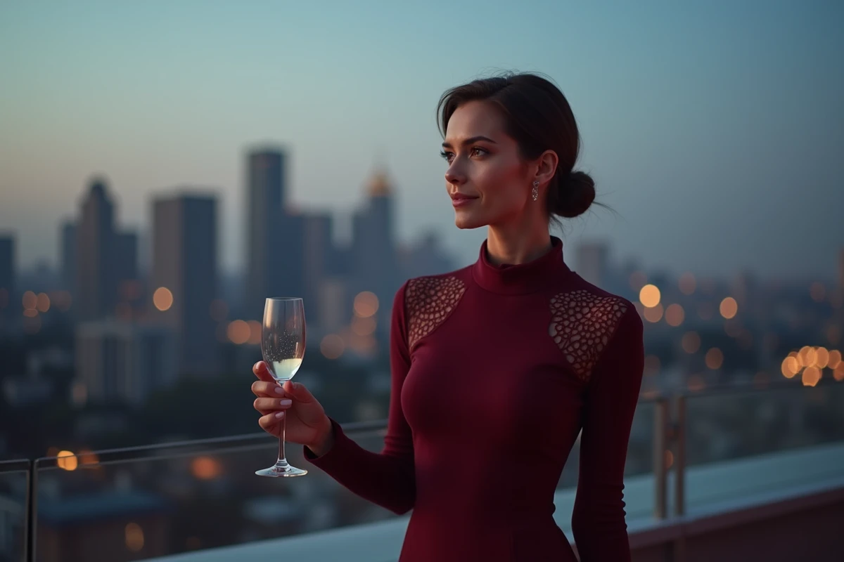 Femme en robe moulante bordeaux à découpes géométriques sur une terrasse urbaine avec vue sur la ville en soirée