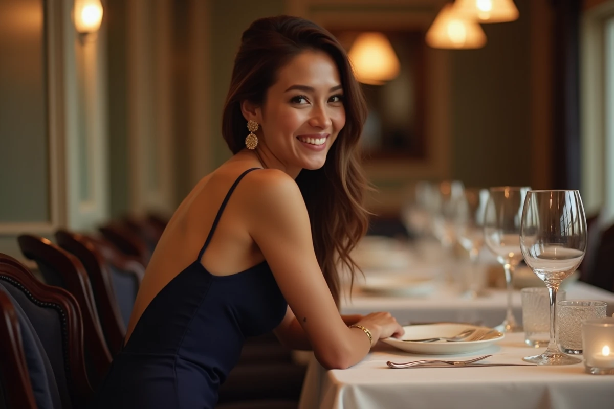 Femme portant une robe moulante bleu nuit à dos ouvert attablée dans un restaurant gastronomique en soirée