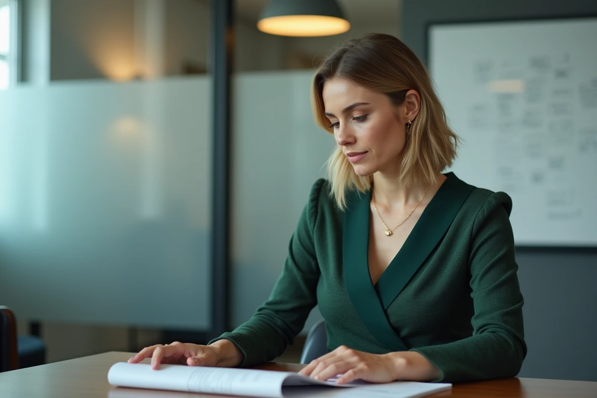 Femme en robe portefeuille verte assise en salle de réunion, tenue de bureau élégante et abordable Kiabi