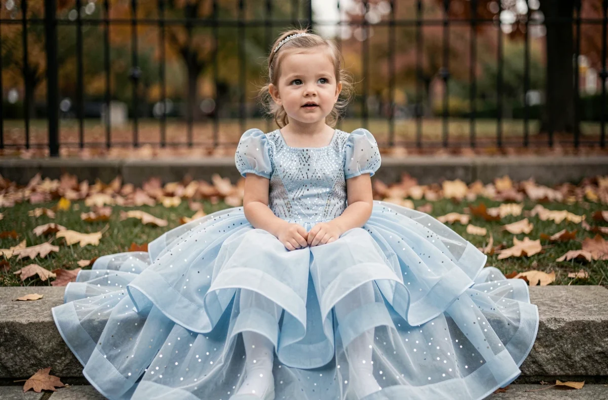 Petite fille en robe princesse bleue assise sur des marches en pierre dans un parc pour un déguisement de carnaval