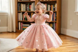 Petite fille de 3 ans portant une robe princesse rose en tulle avec couronne dorée pour carnaval