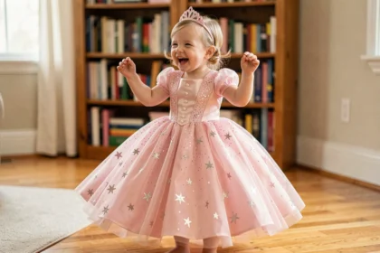 Petite fille de 3 ans portant une robe princesse rose en tulle avec couronne dorée pour carnaval
