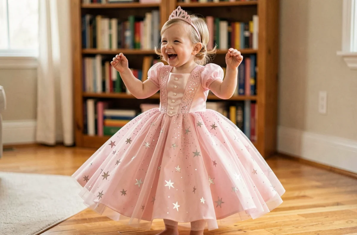 Petite fille de 3 ans portant une robe princesse rose en tulle avec couronne dorée pour carnaval