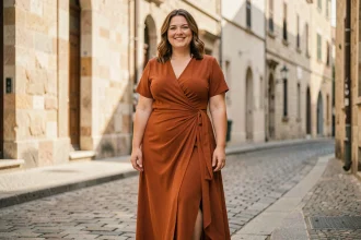 Femme grande taille portant une robe terra cotta fluide dans une rue pavée ensoleillée, style élégant et affirmé