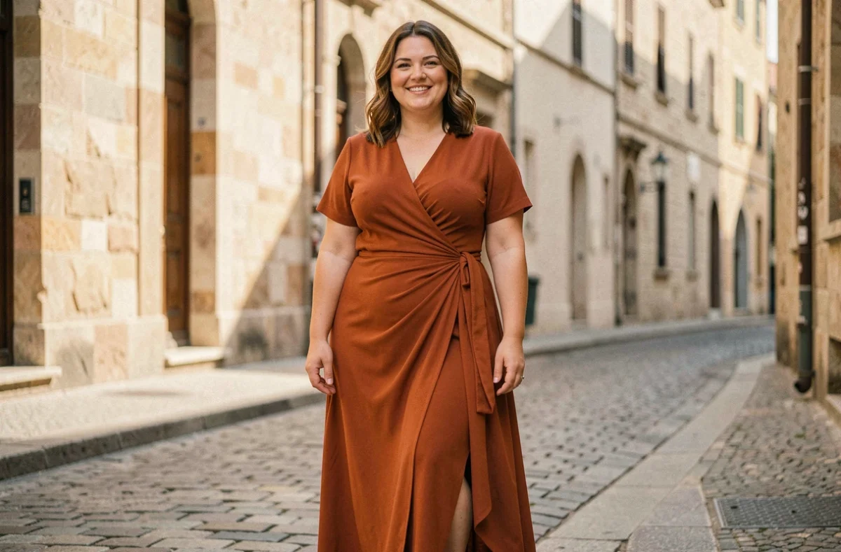 Femme grande taille portant une robe terra cotta fluide dans une rue pavée ensoleillée, style élégant et affirmé
