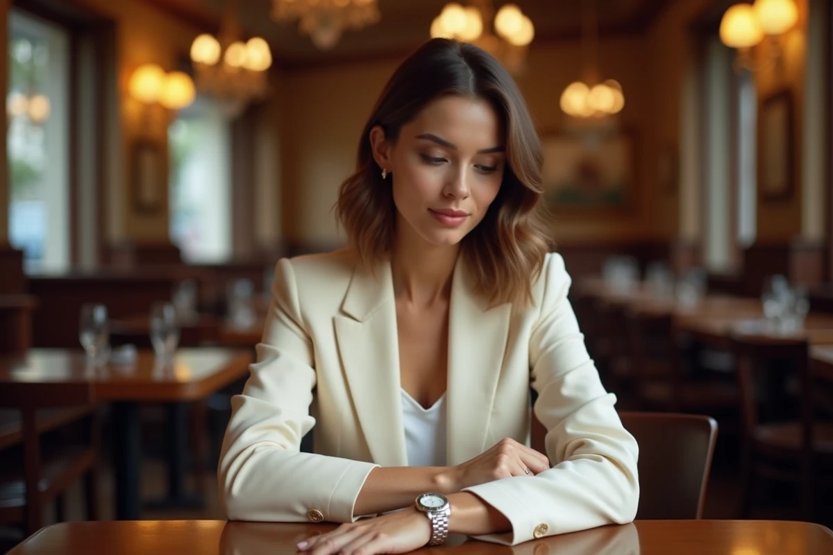 Femme portant une Rolex Datejust 36 en acier dans un café parisien, plan trois quarts mettant en valeur la montre au poignet