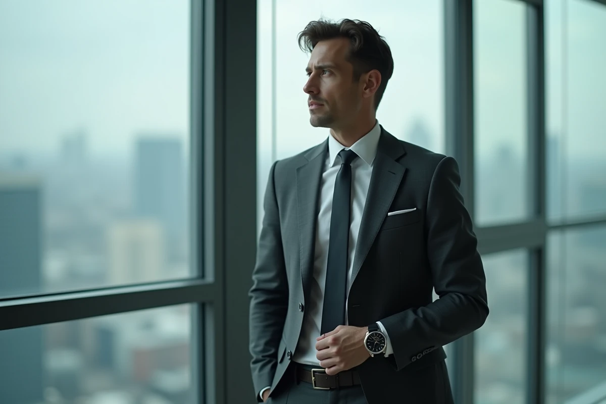 Homme en costume gris portant une Rolex Datejust 36 cadran noir devant une fenêtre de bureau avec vue sur la ville