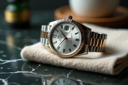 Rolex Datejust 36 posée sur un marbre sombre avec bracelet jubilé en acier, cadran argenté avec chiffres romains et lunette cannelée