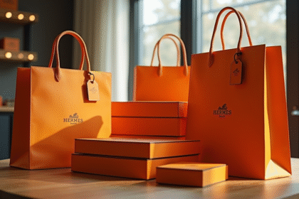 Sacs Hermès élégants et boîtes orange dans une boutique