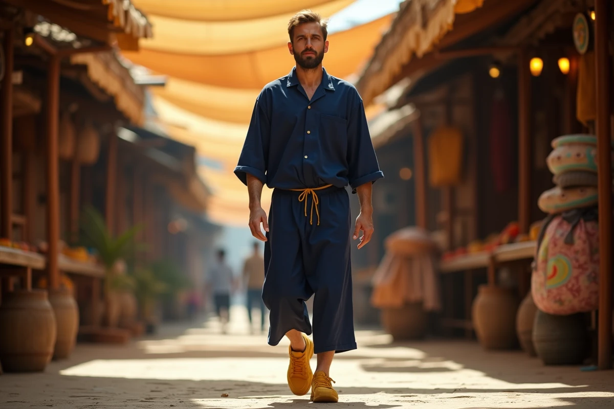 Homme en sarouel bleu marine et sneakers jaune moutarde dans un marché en plein air, association de couleurs audacieuse