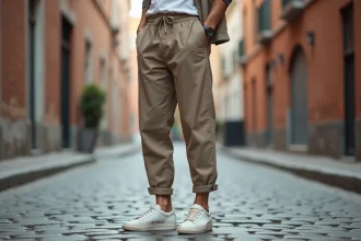 Homme en sarouel taupe et sneakers blanches dans une rue pavée urbaine, association de couleurs neutres et tendance