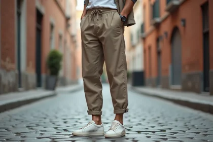 Homme en sarouel taupe et sneakers blanches dans une rue pavée urbaine, association de couleurs neutres et tendance