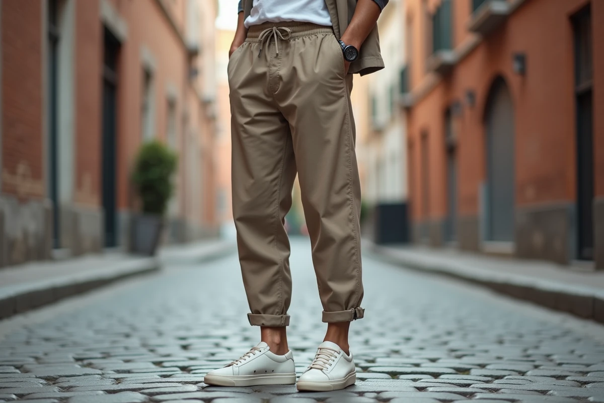 Homme en sarouel taupe et sneakers blanches dans une rue pavée urbaine, association de couleurs neutres et tendance
