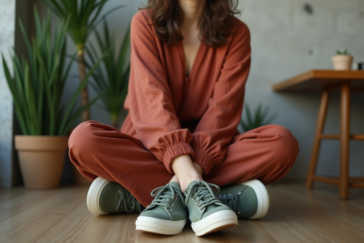 Femme en sarouel terracotta et sneakers vert sauge dans un café minimaliste, association de couleurs tendance