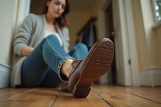 Femme essayant une chaussure trop grande avec une expression d'inconfort, assise dans un couloir d'entrée