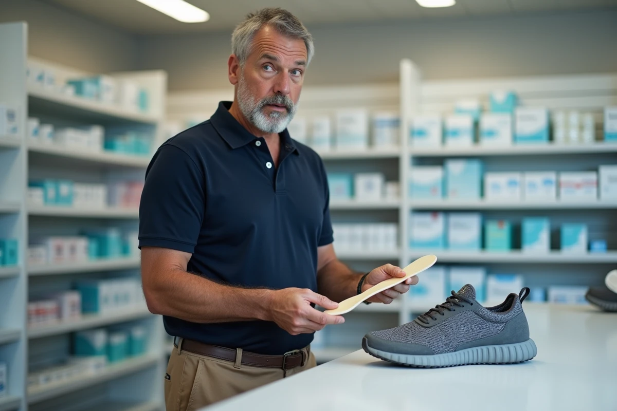 Homme tenant une semelle correctrice à la pharmacie pour compenser une chaussure trop grande