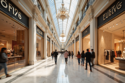 Intérieur d'un centre commercial luxe à Paris avec boutiques et chandeliers