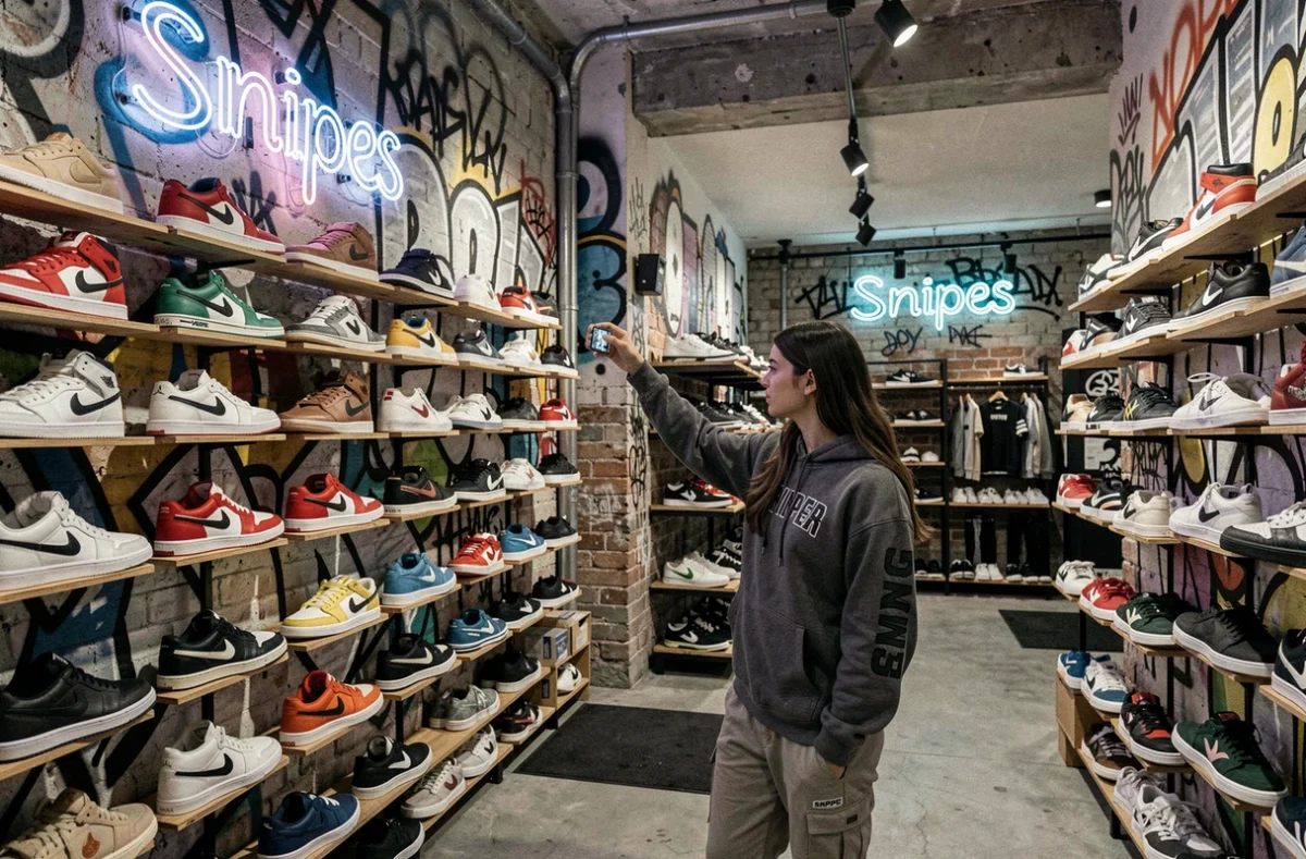 Intérieur du magasin Snipes Lyon avec décor streetwear urbain et une cliente parcourant un mur de baskets en édition limitée