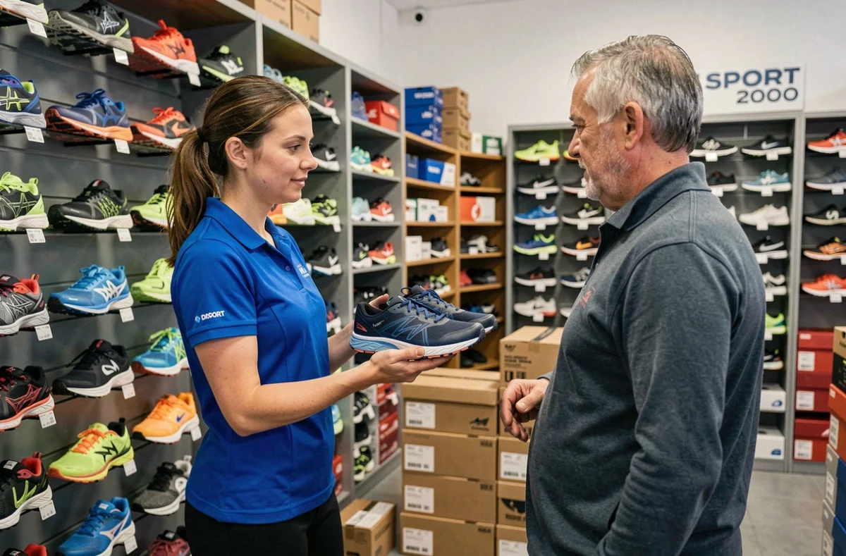 Intérieur d'un magasin Sport 2000 dans le Rhône avec une vendeuse présentant des baskets trail à un client