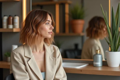 Femme aux cheveux en bob volumineux avec balayage cuivré assise dans un salon de coiffure moderne au décor en bois naturel
