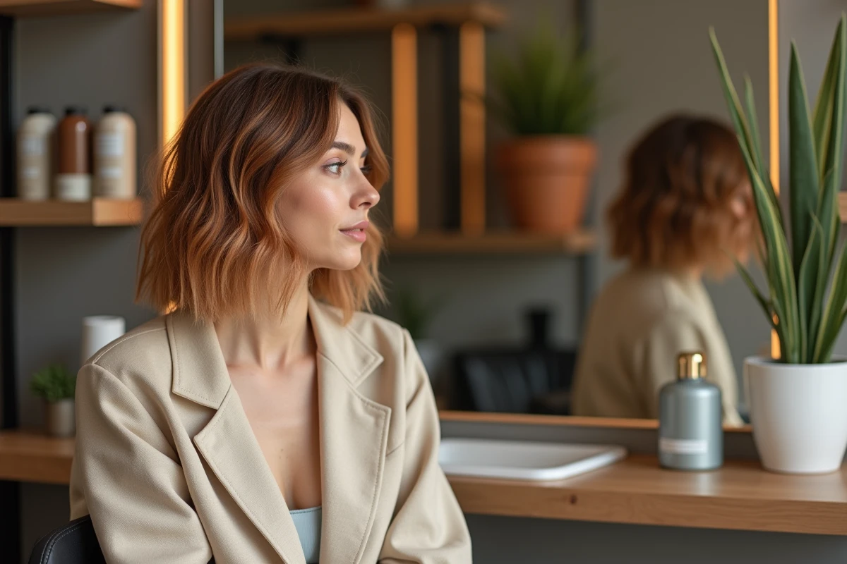 Femme aux cheveux en bob volumineux avec balayage cuivré assise dans un salon de coiffure moderne au décor en bois naturel