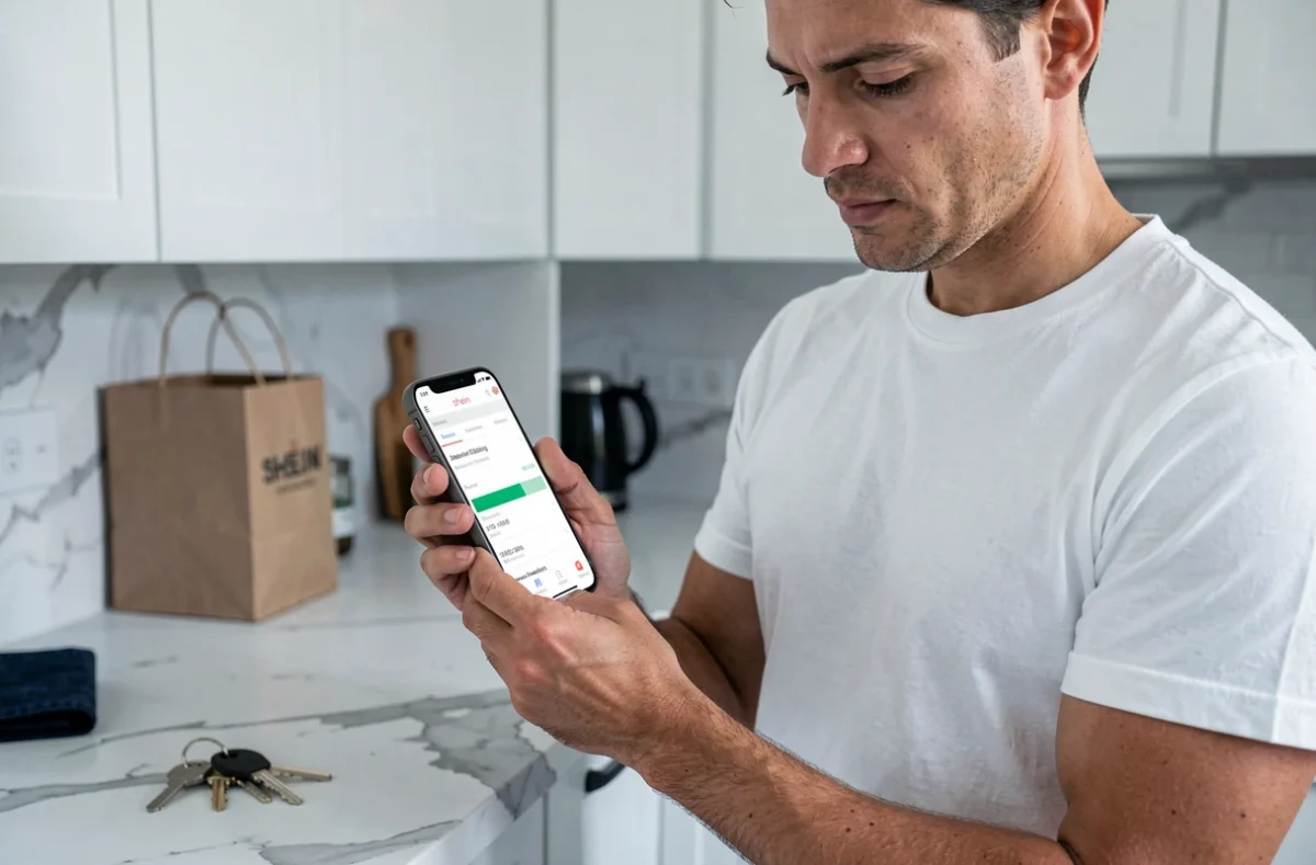 Homme consultant le suivi de commande Shein sur l'application mobile depuis sa cuisine