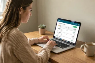 Jeune femme consultant le suivi de commande Shein sur son ordinateur portable depuis son bureau à domicile