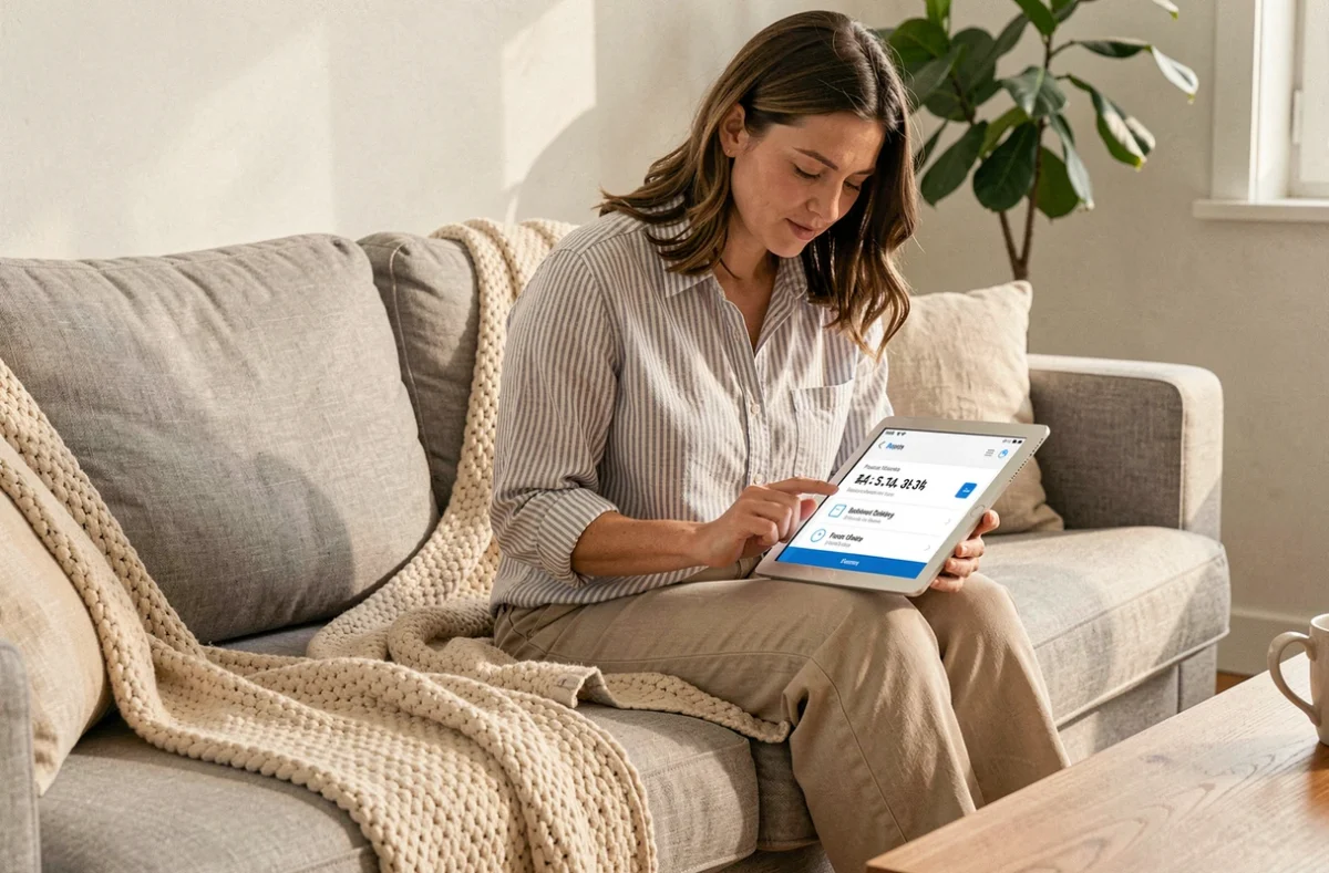 Femme suivant l'état de sa commande Shein sur tablette dans son salon moderne