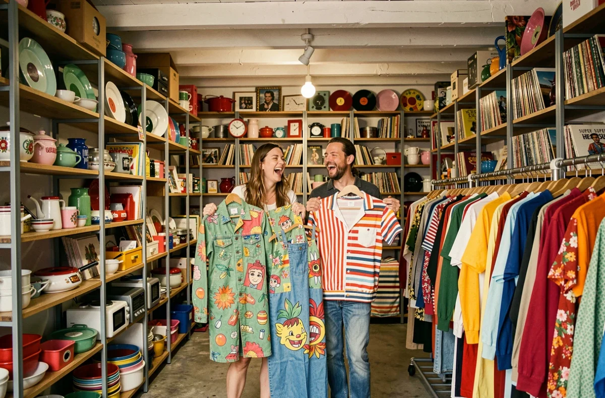 Boutique Super Superflu avec des étagères débordant de vêtements colorés, vinyles et objets vintages dans une atmosphère joyeuse