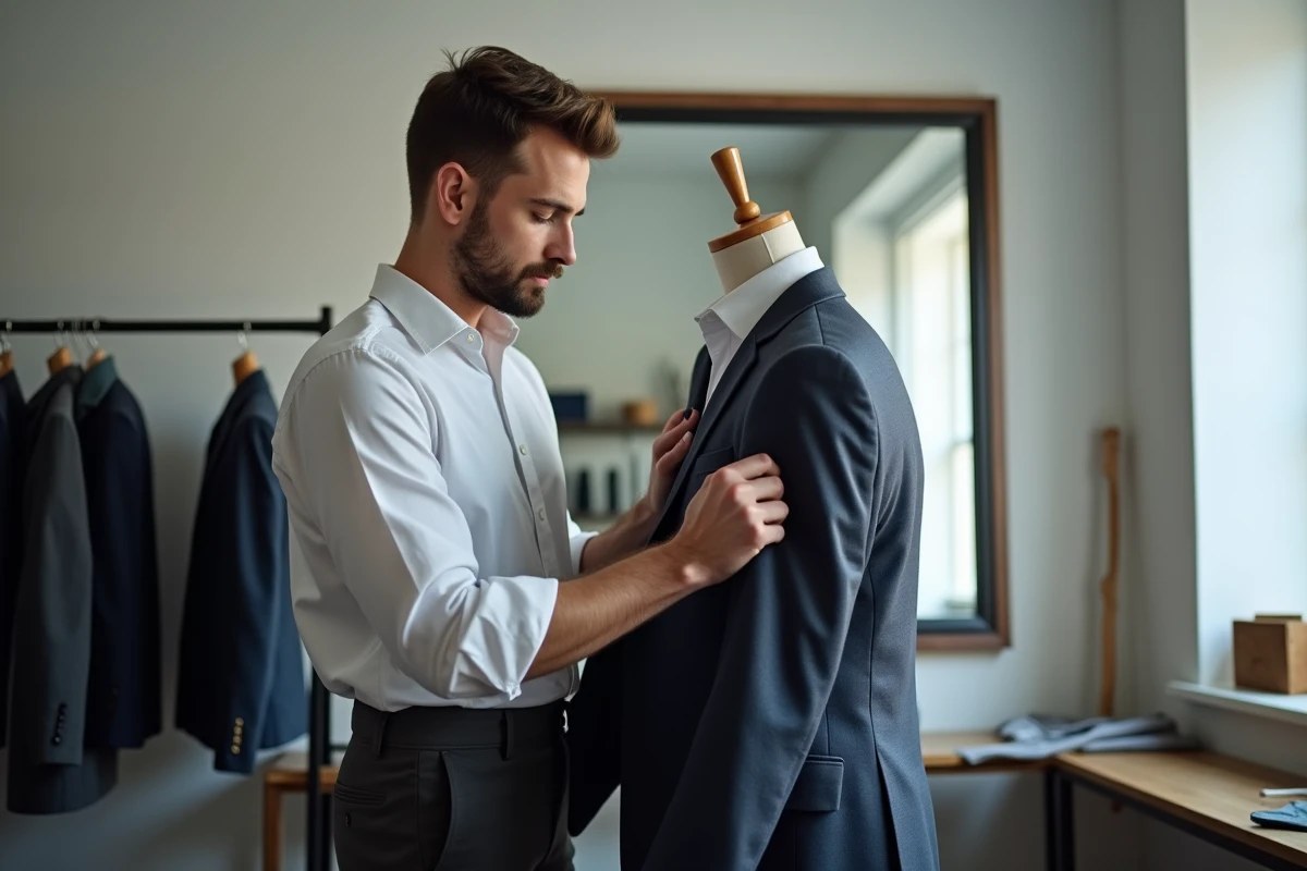 Jeune tailleur ajustant un manteau dans un atelier moderne