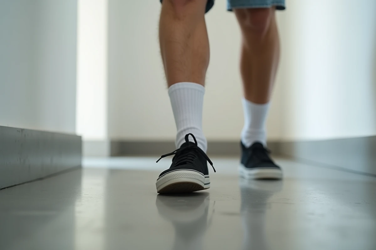 Pied en chaussette glissant hors d'une chaussure trop grande sur un sol en béton, illustrant l'inconfort de marche