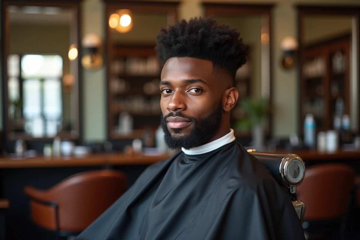 Jeune homme afro avec un taper fade et une coupe casquette parfaitement symétrique, assis dans un fauteuil de barbier professionnel