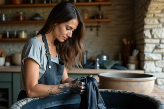 Femme teignant un vêtement en noir dans un bain de teinture foncée dans un atelier artisanal