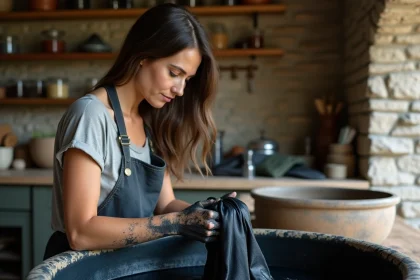 Femme teignant un vêtement en noir dans un bain de teinture foncée dans un atelier artisanal