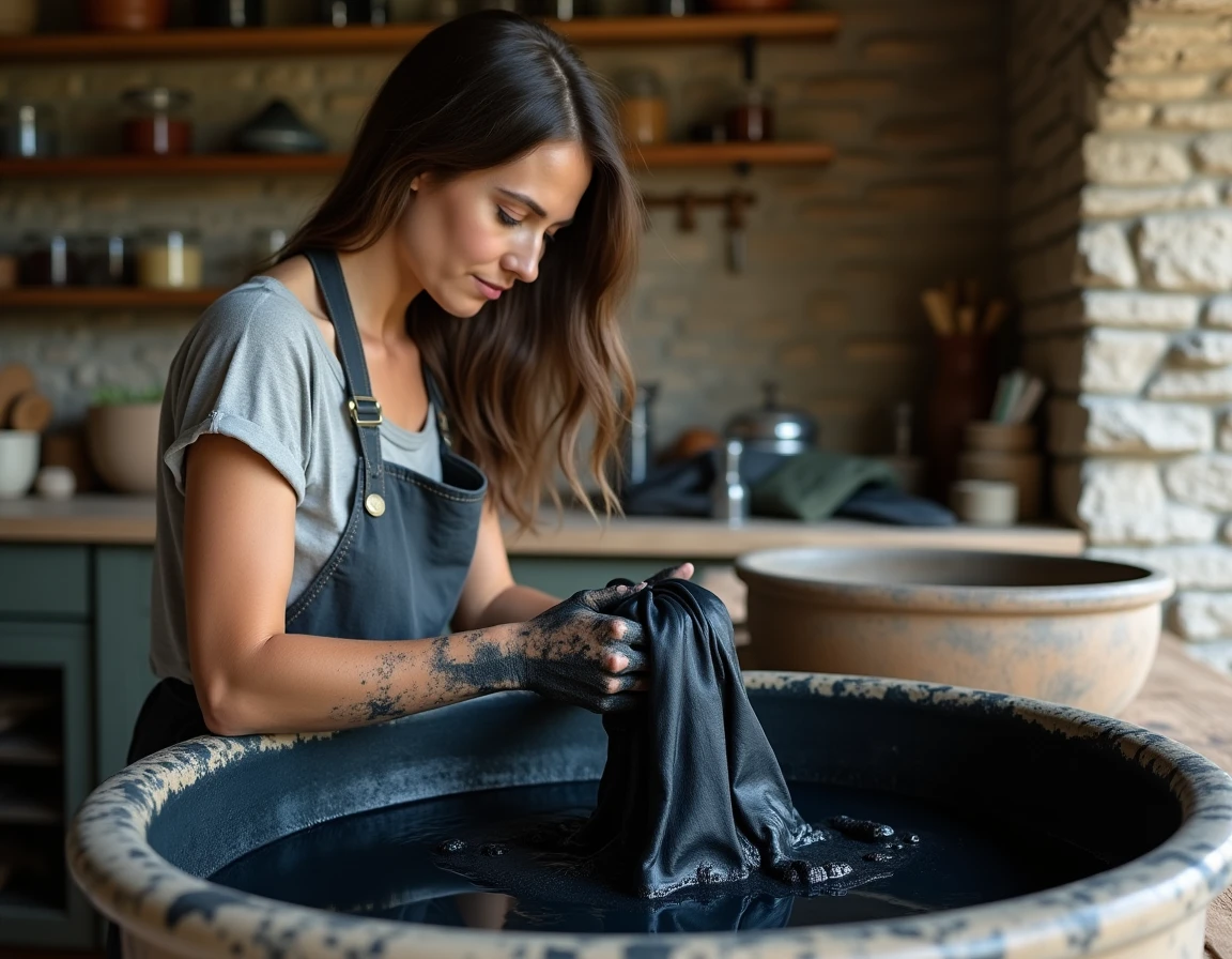 Femme teignant un vêtement en noir dans un bain de teinture foncée dans un atelier artisanal