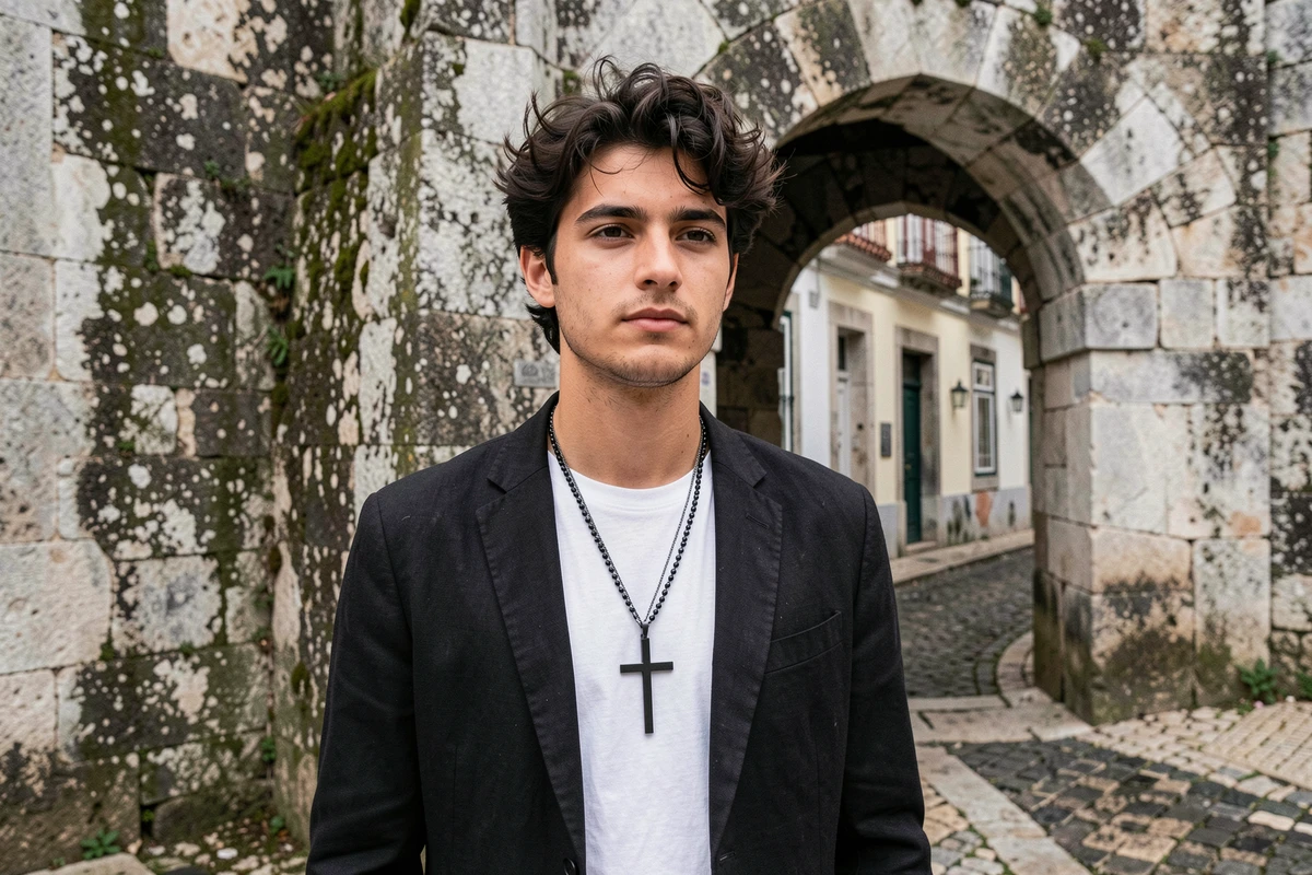 Jeune homme portant deux croix superposées en acier et argent oxydé, ruelle pavée de Lisbonne avec arche en pierre